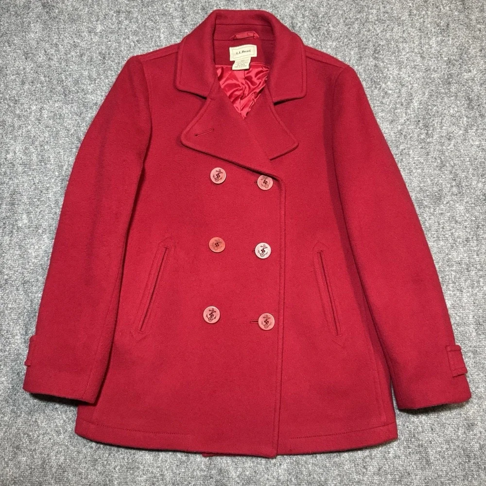 L.L. Bean Lambswool Pea Coat Jacket Women Sz 6 Double Breasted Anchor Thinsulate